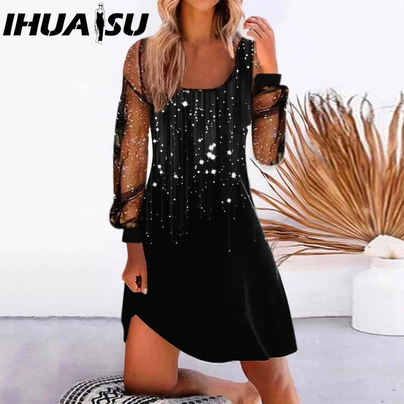 IHUASU Женская мода весна осень однотонный принт длинный рукав U-образный вырез высокая талия повседневные платья