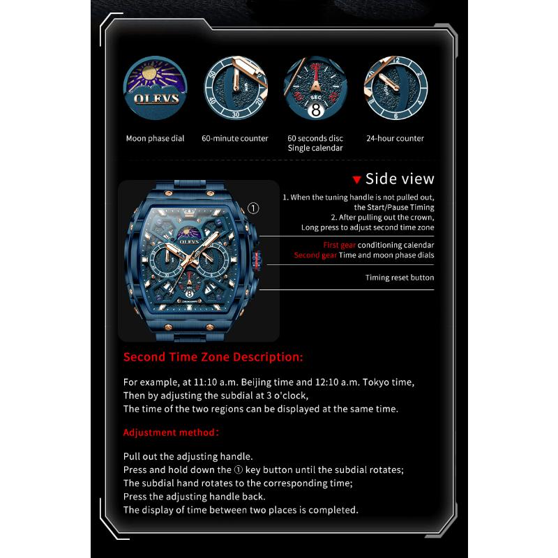 OLEVS Mens Chronograph Watch Original Tonneau Quartz Watch Waterproof Luminous Stainless Steel Watches For Men