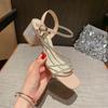 Fashion Sandals Women's Summer Fashion One Word Buckle Rhinestone Thick High Heels Fairy Style Sandals Comfortable Open-toe Rome Slides