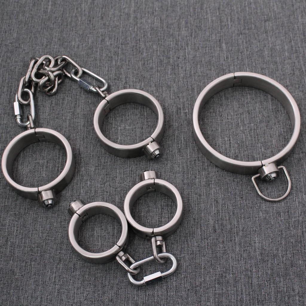 Тяжелые наручники из нержавеющей стали и ножные кандалы, набор, рабский ограничительный комплект, металлический ошейник, съемные наручники, секс-игрушки для пар