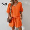 Женский повседневный наряд из 2 шт./компл., футболка с v-образным вырезом и короткими рукавами, эластичная резинка на талии, широкие шорты, комплект, сплошной цвет, тканевый наряд с морщинами