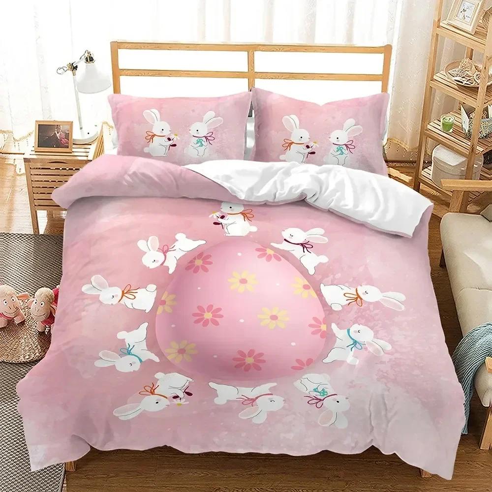 E-Easter Duvet Cover Set Single Twin Size Colorful E-Easter Eggs Nest Bunnies Theme Bedding Set Kids Boys Girls Polyester