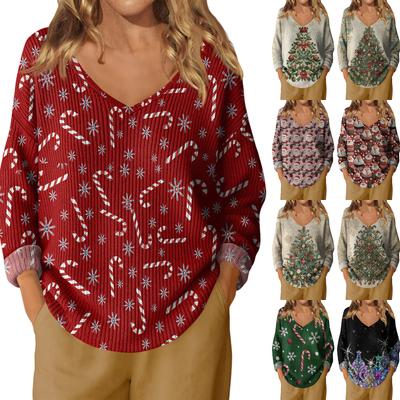 Женский повседневный пуловер с V-образным вырезом и длинными рукавами, вязаный, с рождественским принтом