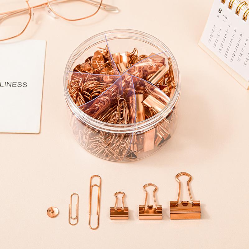 Офисный набор с покрытием из розового золота: 6-секционные зажимы с длинным хвостом, скрепки для бумаги, металлические кнопки, кнопки и место для хранения переплета.