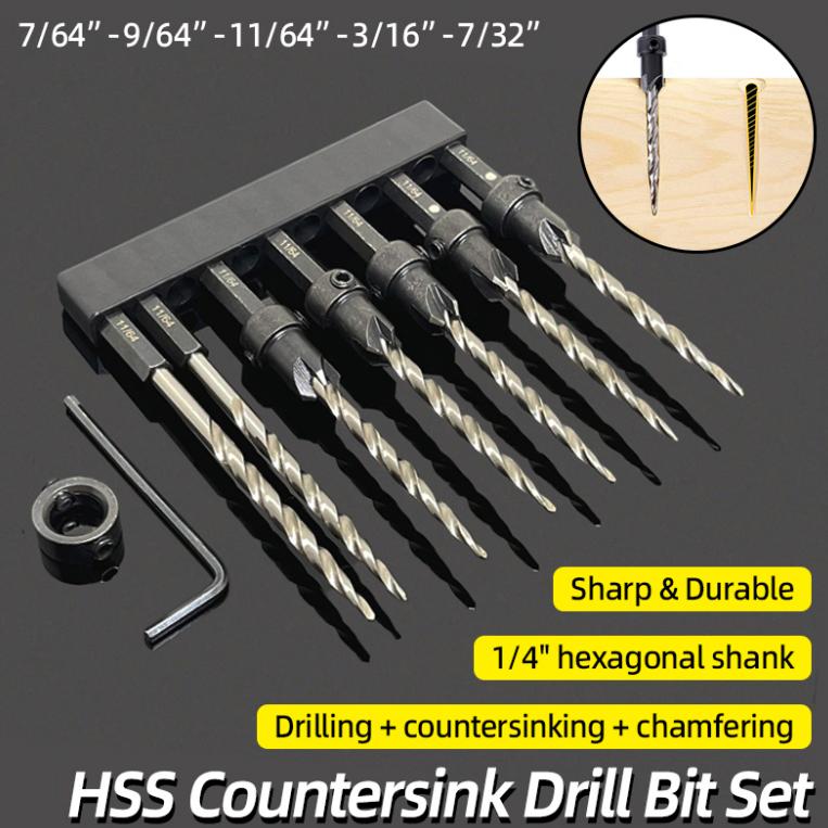 Набор сверл с конической зенковкой из быстрорежущей стали, набор сверл с шестигранным хвостовиком 1/4 дюйма, столярная развертка с шестигранным хвостовиком, стопорные втулки, сверло для винтовых отверстий, фаска, деревообрабатывающие инструменты