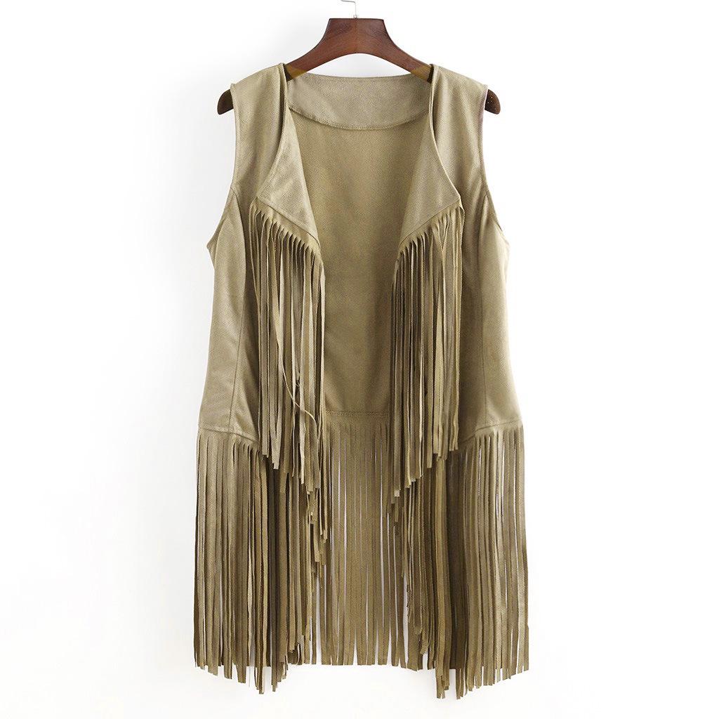 Женский летний жилет из оленьей кожи с кисточками: Однотонный, без рукавов, повседневный кардиган-топ