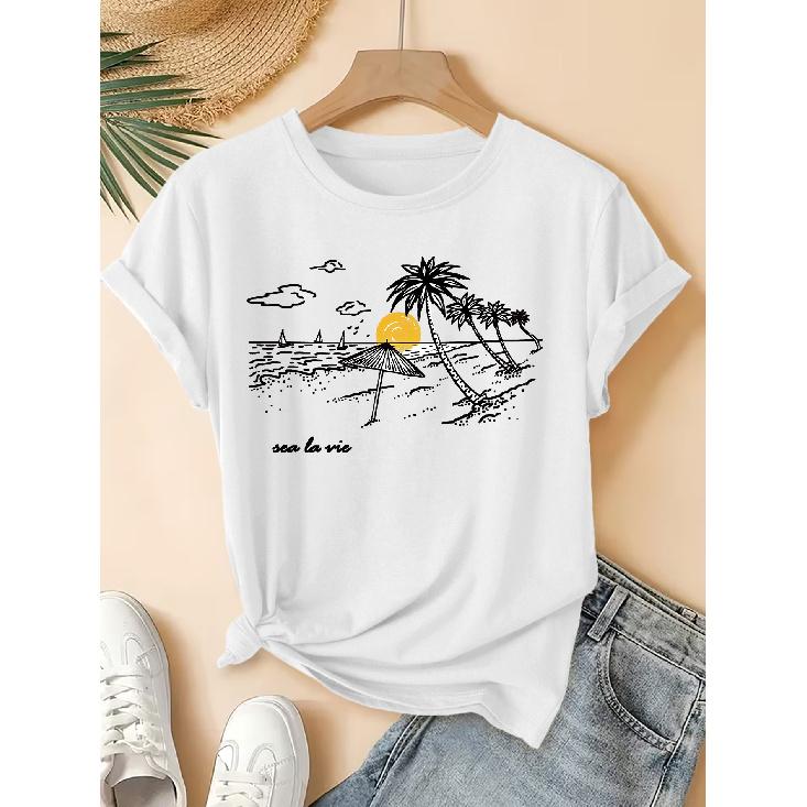 Beach doodle print short-sleeve vintage round neck shirt T Fresh and natural style loose-fitting shirt 2026 Elegant spring and summer party fashion