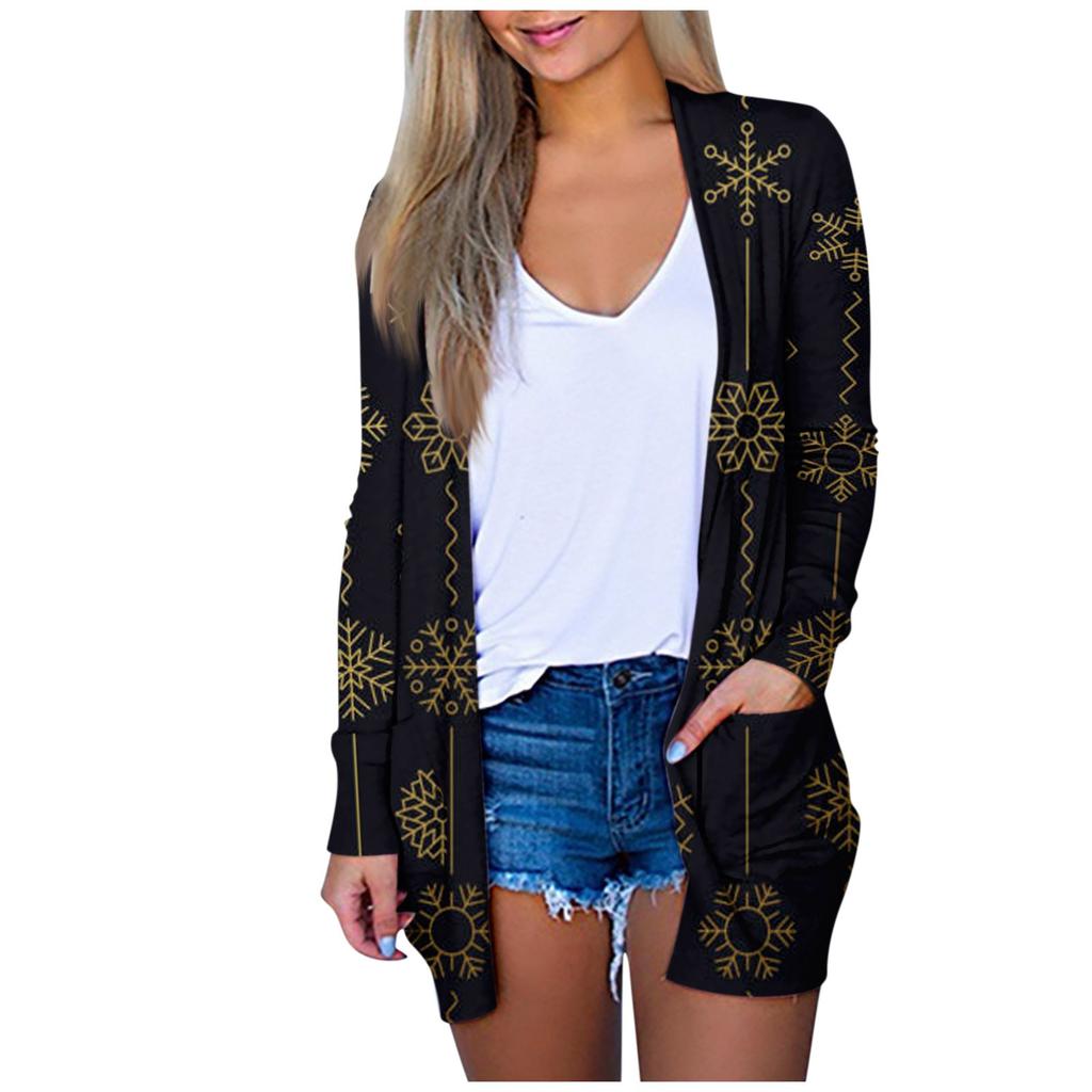 Женская мода, повседневный рождественский принт, кардиган средней длины, куртка, пальто