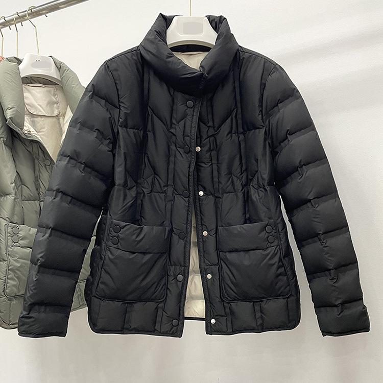 Легкий пуховик женский короткий осенне-зимний свободный воротник-стойка белое теплое пальто на утином пуху