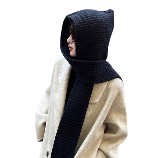 Knit Hat with Integrated Scarf Windproof Thick Headwear Wrapped Design Hat Ear Protection Photography Hat Reversible Scarf Outdoor Cap