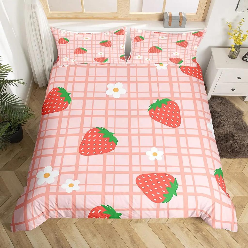 Strawberry Duvet Cover SetRed Strawberry Bedding Set For Girls Cute Black White Geometric Plaid Grid Comforter Cover Full Size
