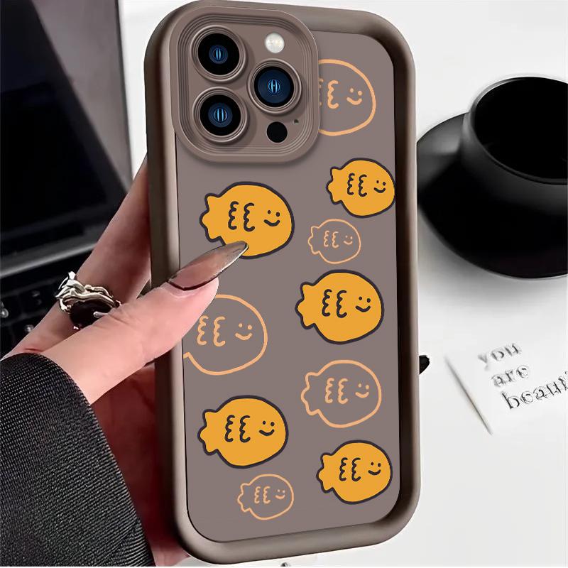 Корейский Инста-стиль Милый Кот Рыба Однотонный Чехол для Телефона для iPhone 17 Air 16 E 15 14 Plus 13 12 Mini 11 Pro Max Жидкий Силиконовый Чехол