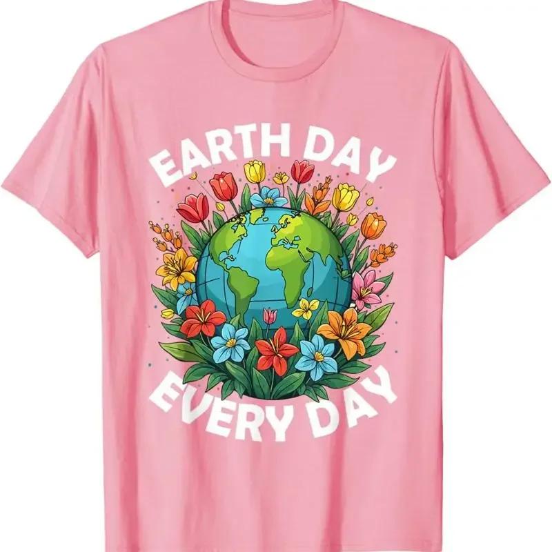 Earth Day Every Day Globe Flowers Graphic Cotton Short Sleeve Crew Neck T Shirt
