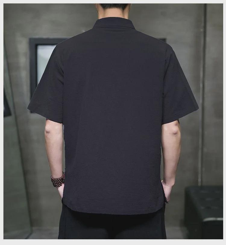 Мужская льняная рубашка в китайском стиле с коротким рукавом, летняя, свободного кроя, воротник-стойка