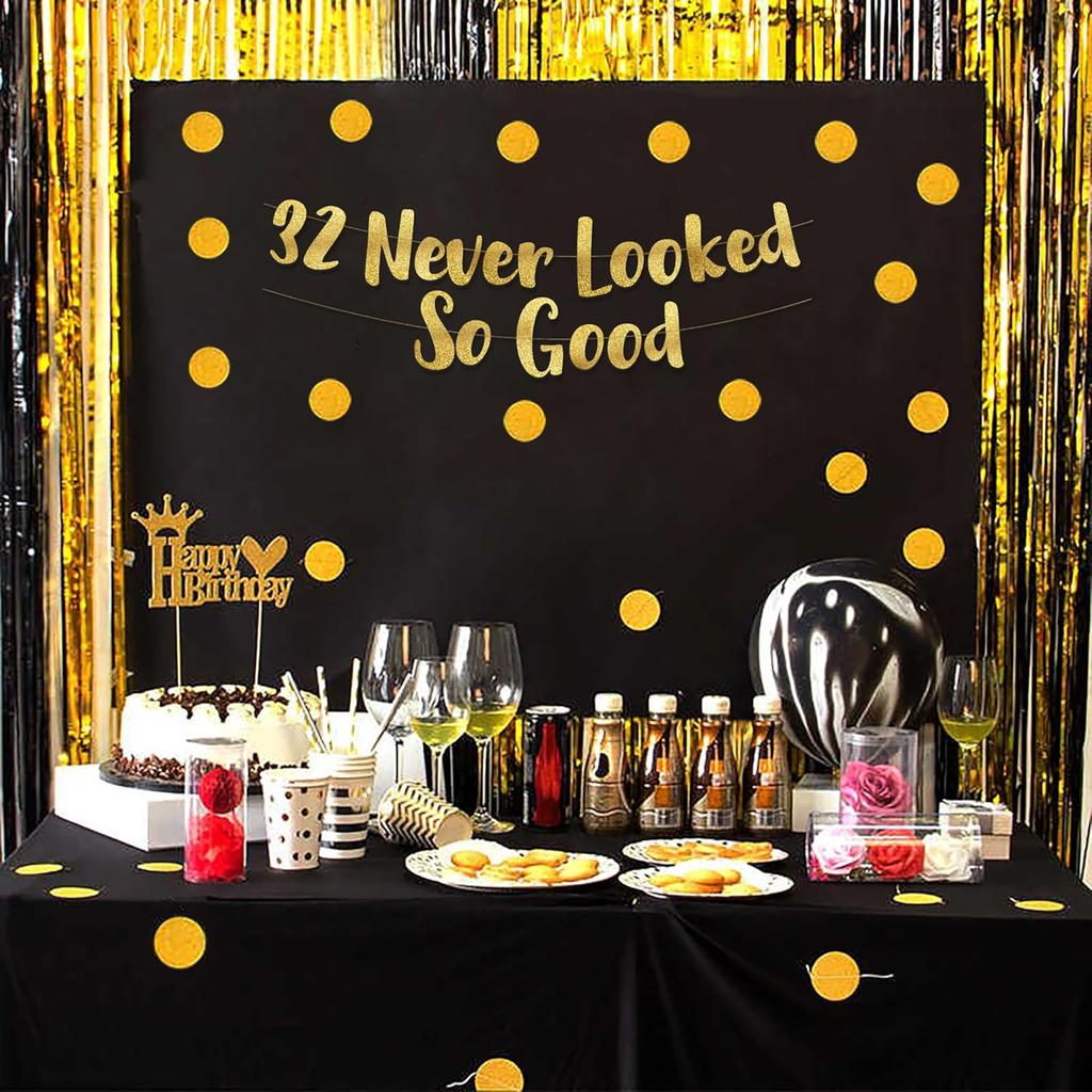 32 Never Looked So Good Gold Glitter Banner - 32nd Anniversary and Birthday Party Decorations