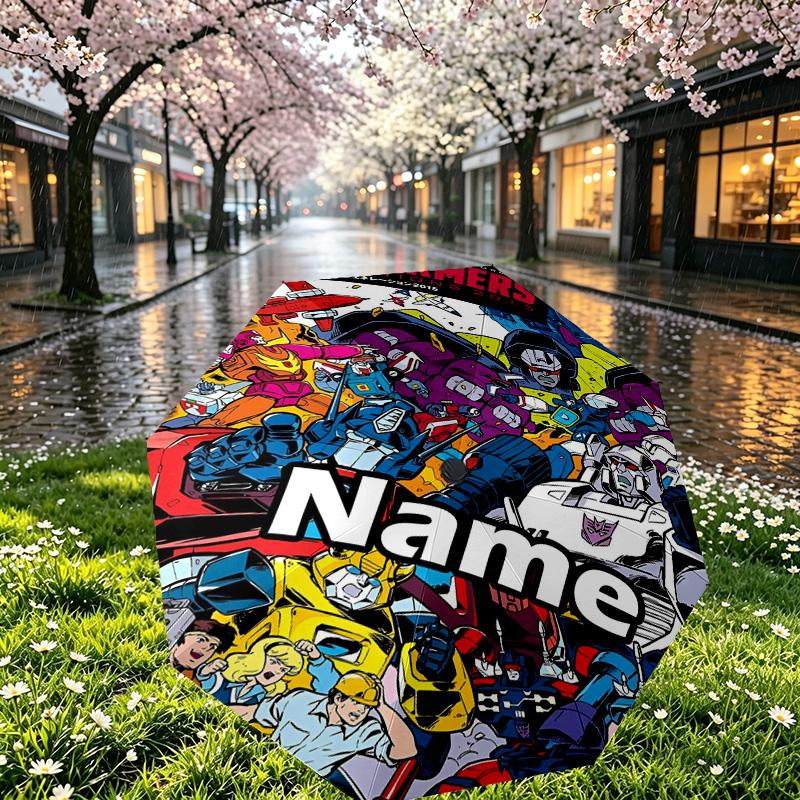 Custom Name Personalized Transformers Print Umbrella, Auto Open Close, 8‑Rib Sturdy Frame, Commute Camping Hiking Use, Birthday Gift