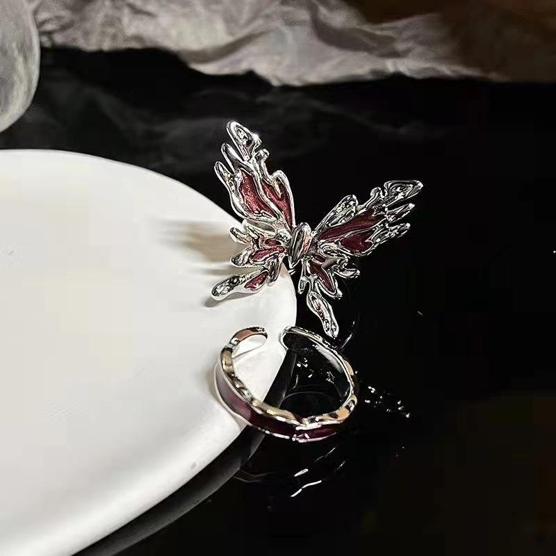 Vintage Red Butterfly Rings For Women Goth Punk Irregular Open Rings Set Y2K Halloween Accessories For Women Kpop Jewelry
