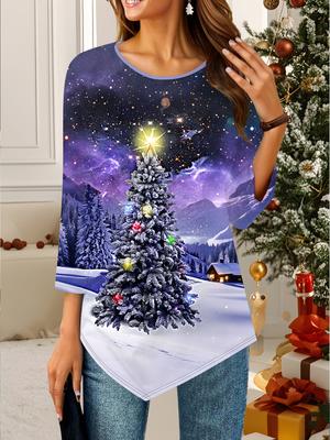 Женская свободная футболка с круглым вырезом и рукавом три четверти с 3D рождественским узором. Идеальный подарок на Хэллоуин и Рождество.