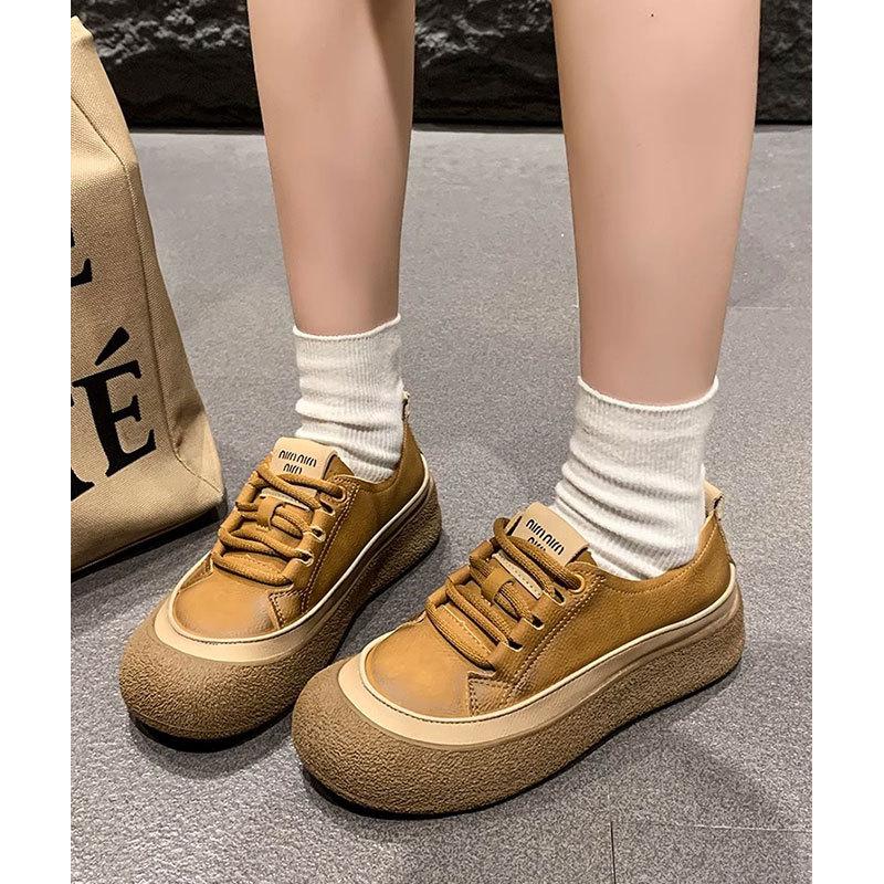 Cowhide Version Leather Retro Women's Shoes Soft-soled Mother Single Shoes 2025 Spring and Summer New Thick-soled Casual Beanie White Shoes