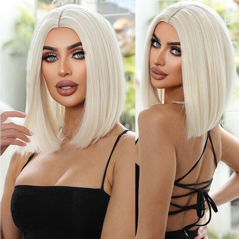 Short Straight Bob Wig With Center Part Wine Red Heat Resistant Synthetic Hair Women Any Face Shape