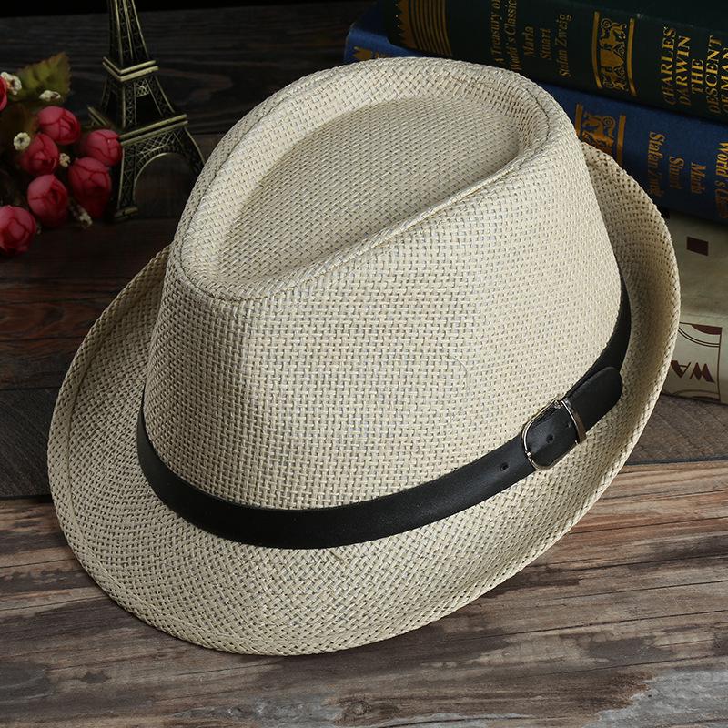 Men's Hat Woven Straw Sunshade Hat Casual Hat Belt Buckle Beach Hat Straw Sun White Wedding Black Belt Fedoras