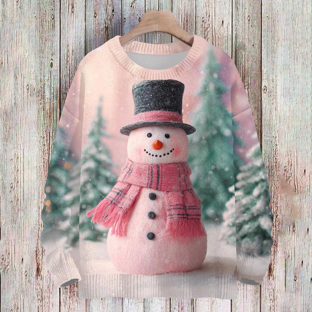 Ladies' Fashionable And Casual Christmas Cute Printed Round Neck Long Sleeved Knitted Yarn