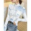 Blue and white plaid bow star print cross-neck women's top, sweet and cool autumn and winter long-sleeved slim fit