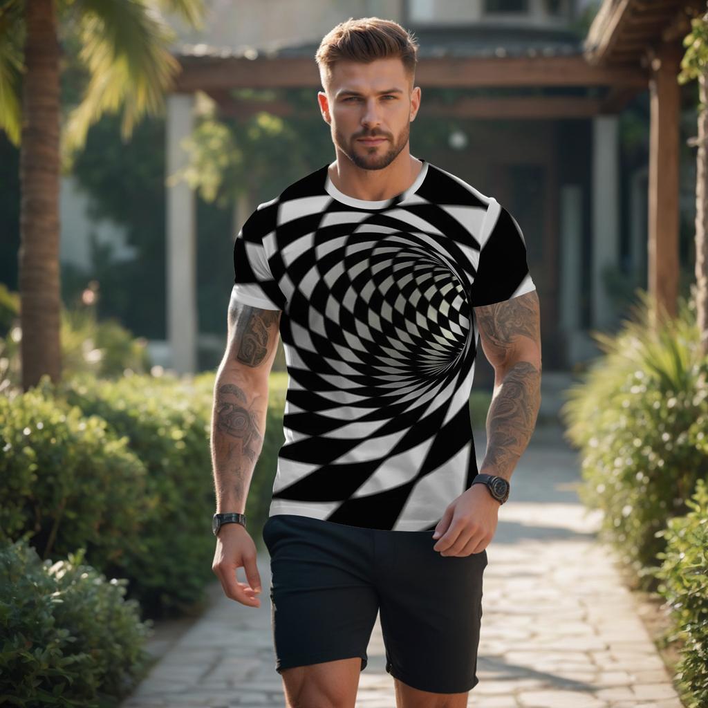 Summer Round Neck 3D Black Hole Visual Illusion Print Top Fashionable Casual Short Sleeved Men's T-shirts