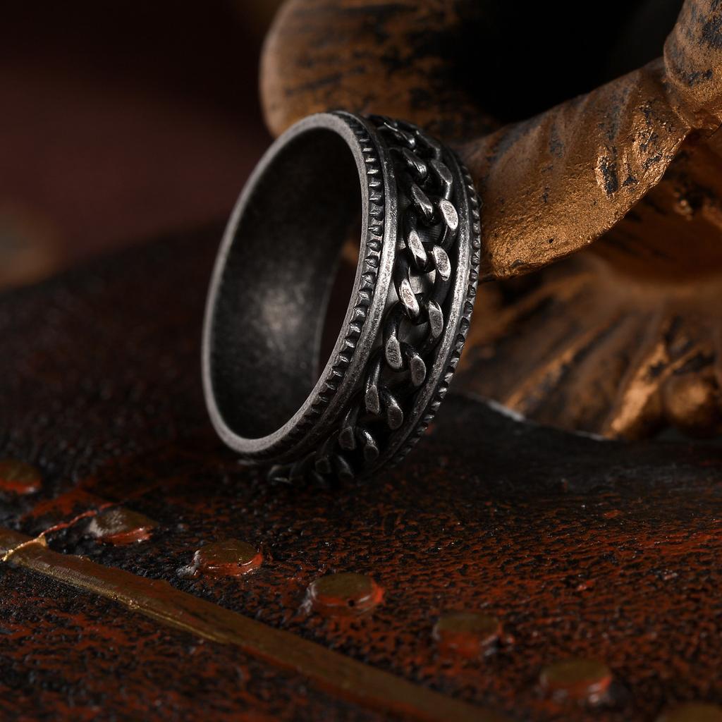 Vintage Anxiety Fidget Rings For Men Spining Titanium Stainless Steel Rotatable Chain Spinner Rings Retro Rock Biker Jewelry