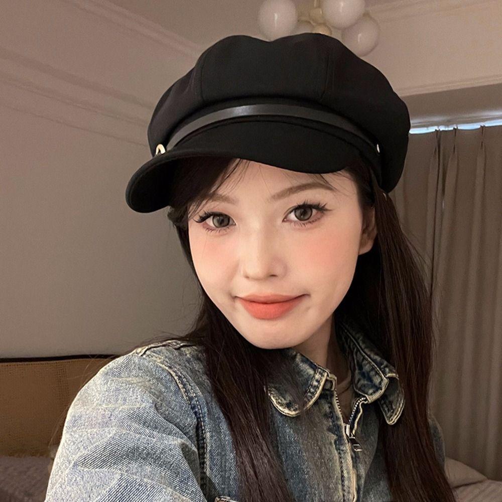 Newsboy Cap Octagonal Hat Leather Buckle Painter Hat Personality Black Beret  Girl