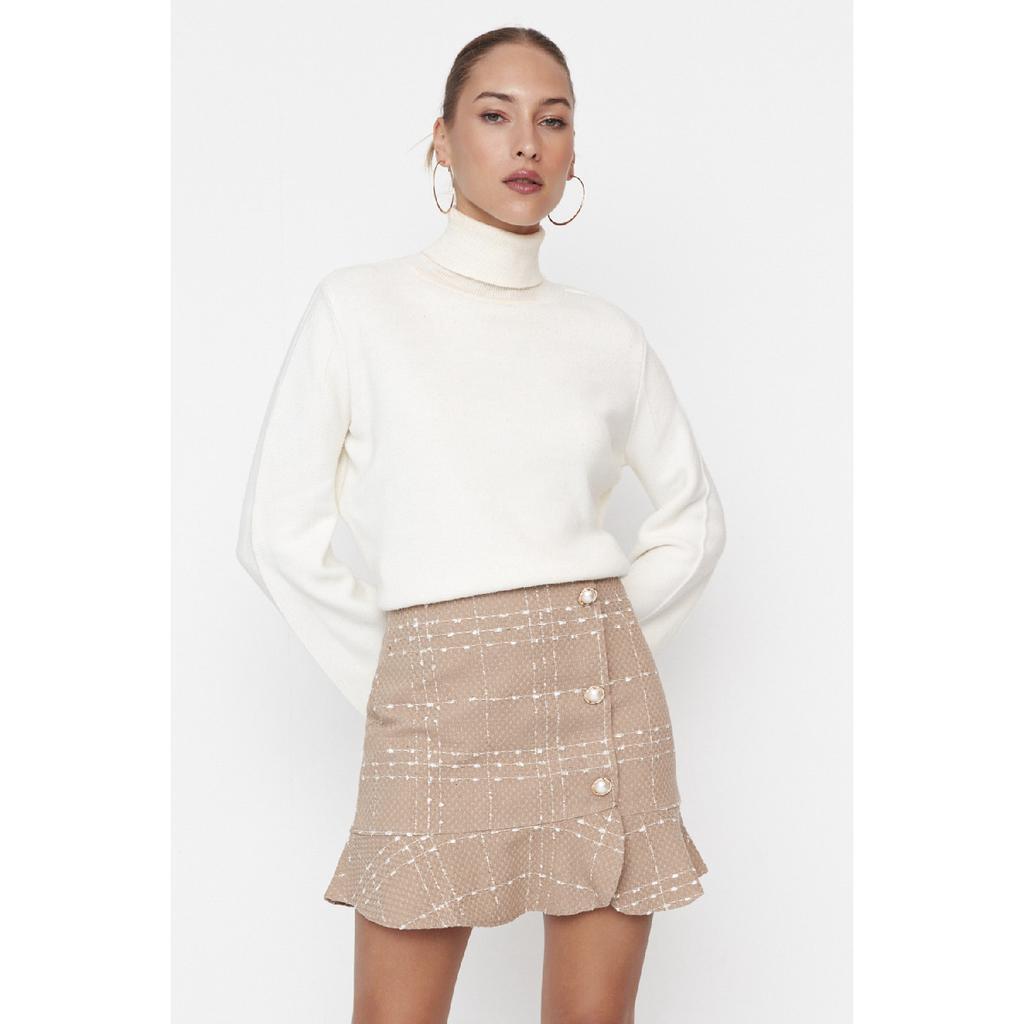 Burgundy Buttoned Tweed Fabric Mini Woven Skirt With Flounce Hem Twoaw22et0155