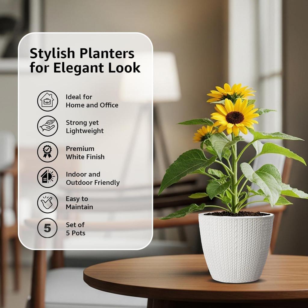 Круглый горшок для цветов 5 дюймов/12,9 см для помещения и улицы, белый, лучший для декора террасы/балкона/дома/офиса – Набор из 5 штук