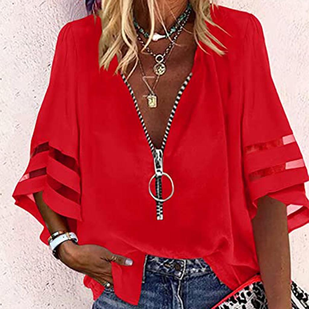 Women's Fashion Solid Colour Casual Loose Mid Sleeve Patchwork T-Shirt Top