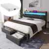 Upholstered bed with USB Type-C charging, storage headboard, LED lighting, drawers, bed 160x200, metal bed frame, slatted frame, Grey (with mattress)