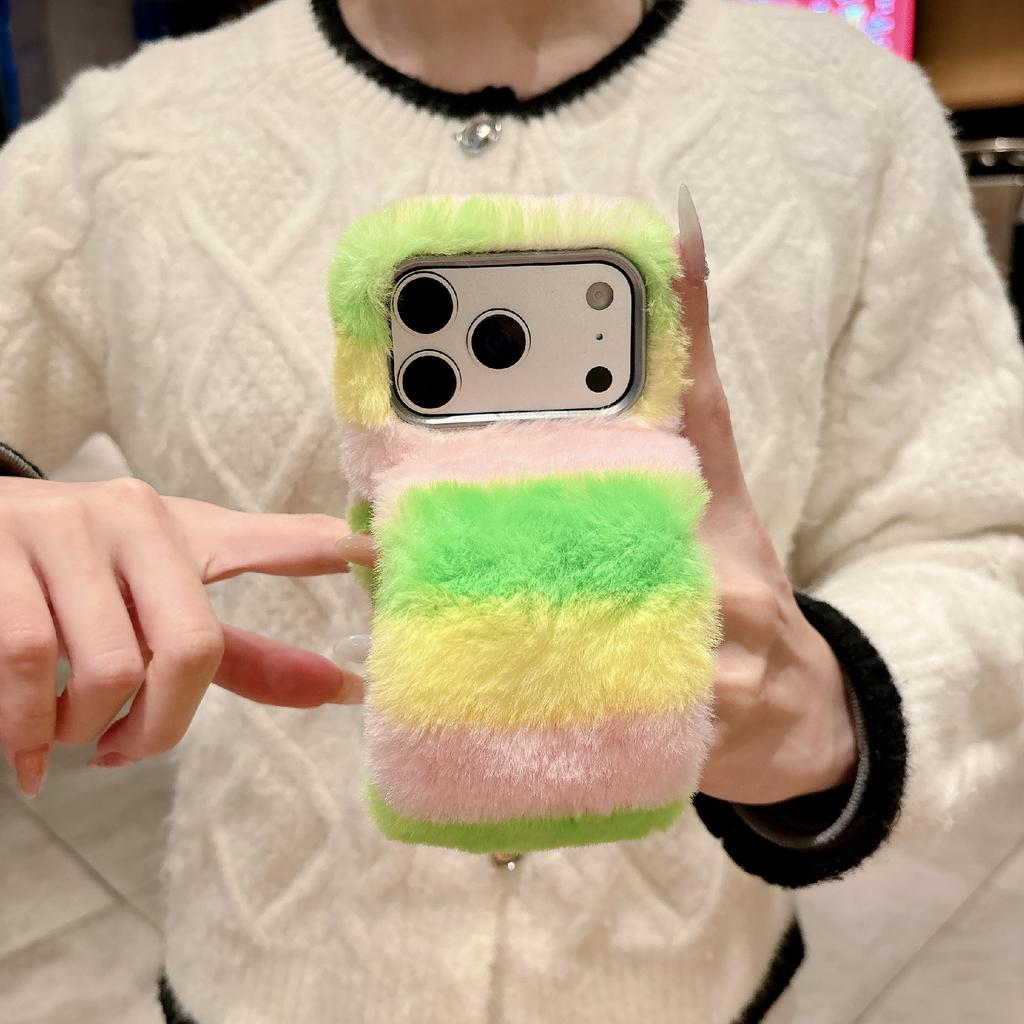 For iPhone 17 Pro Rainbow Fluffy Phone Case Winter Warm Hand Strap TPU Cover