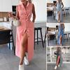 Women Denim Shirt Dress Summer Sleeveless Button Down Maxi Dress