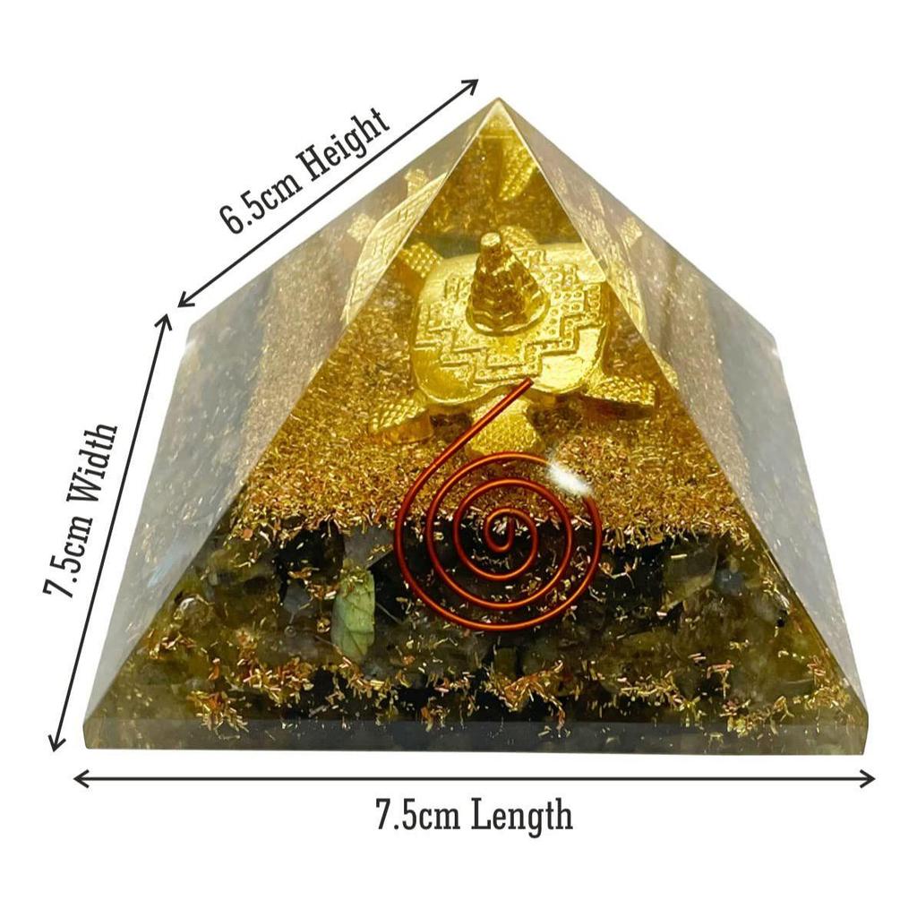 Resin Medium Size Multicolor Set of 1 Labradorite Shree Yantra On Turtle Orgone Pyramid for Reiki Healing, Vastu Correction, Meditation