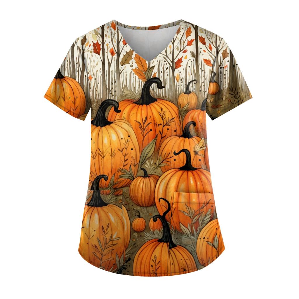 Плюс размер Хэллоуин печатная рабочая форма Топы для женщин футболки с v-образным вырезом и короткими рукавами рабочая одежда футболка с карманами