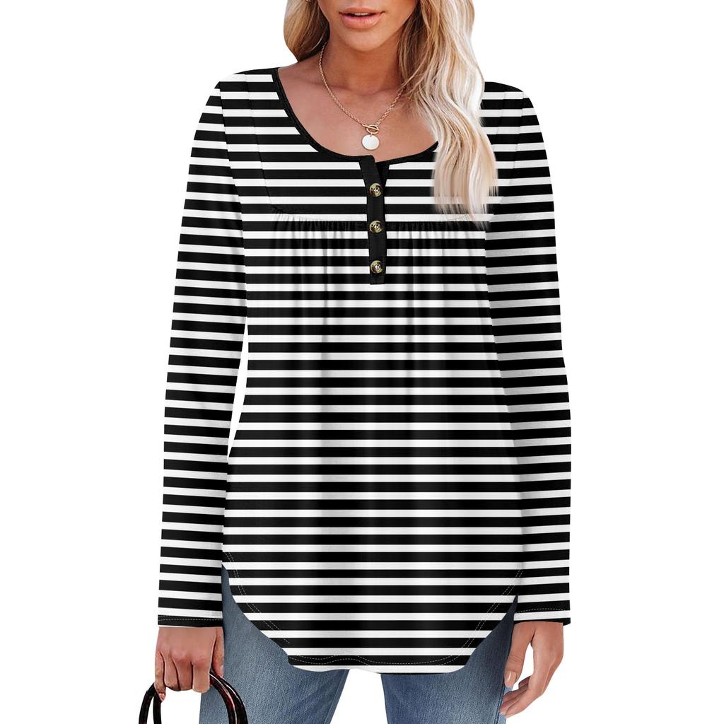 Женская туника с длинным рукавом, свободные топы, повседневные топы оверсайз, плиссированная туника, застегивающаяся на пуговицы, повседневные женские топы с принтом