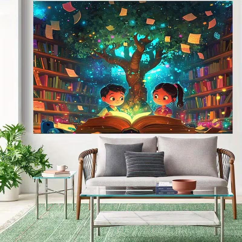 2D Магическое Дерево Чтения Фон, Фантастическая Книжная Тема Задний План