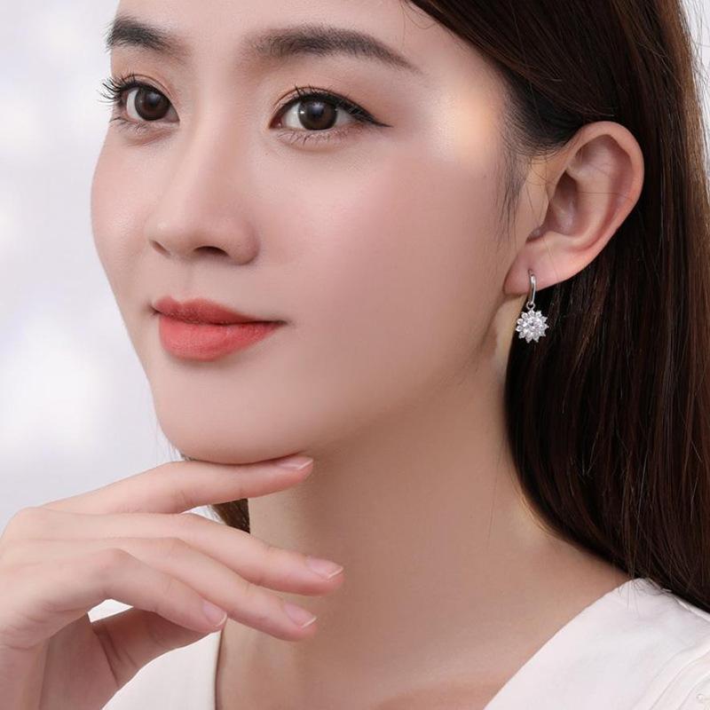 BagueRingen Women's Sterling Silver 925 Jewelry 1 Carat Moissanite Diamond Drop Earrings Sunflower Shaped Ear-drops Gift