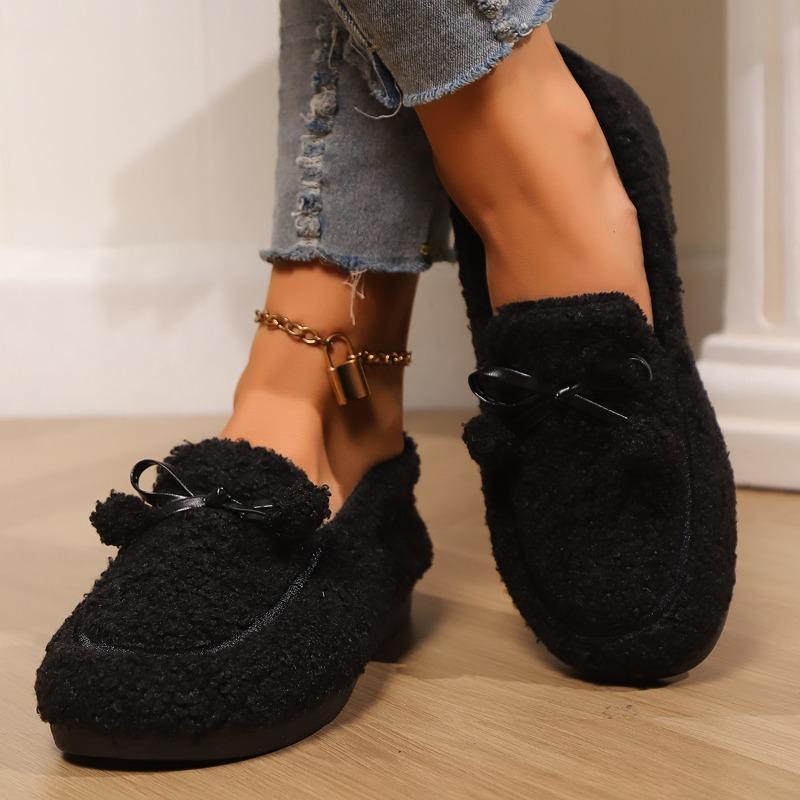 2024 Женская зимняя новая хлопковая обувь Модная теплая и удобная плюшевая плоская женская хлопковая обувь с бантом