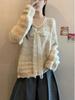 Сладкий кружевной бант V-образный вырез Вязаный кардиган: Женский корейский стиль Осенне-Зимний Свободный крой