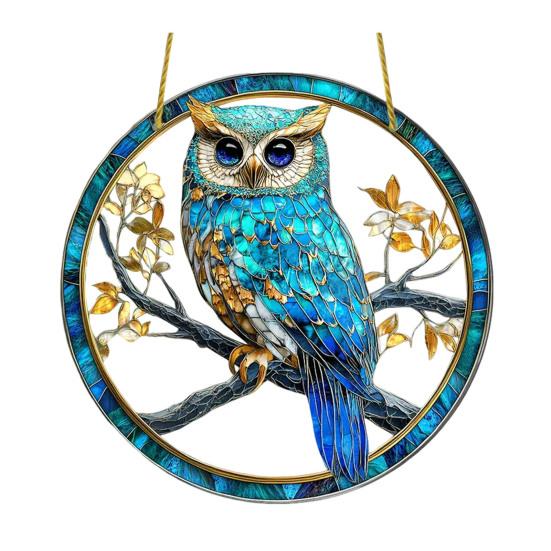 Owl Ornament Stained Glass Blue Green Sun Catcher Enchanting Birds