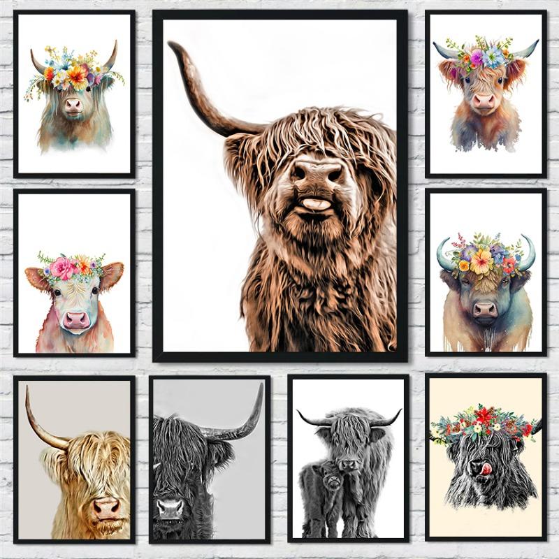Абстрактные милые картины на холсте с изображением коров Хайленд, акварельные постеры и принты с изображением коров Хайленд, настенные художественные картины для домашнего декора