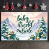 Cold Outside Banner Gift Box Winter Backdrop Christmas Backdrop Green Lettering Xmas Banner For Holiday Celebration Christmas