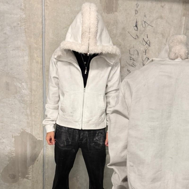 Unisex Oversized Hooded Zip-Up Sweatshirt With Faux Fur Trim Solid Color Streetwear Pullover Men Women