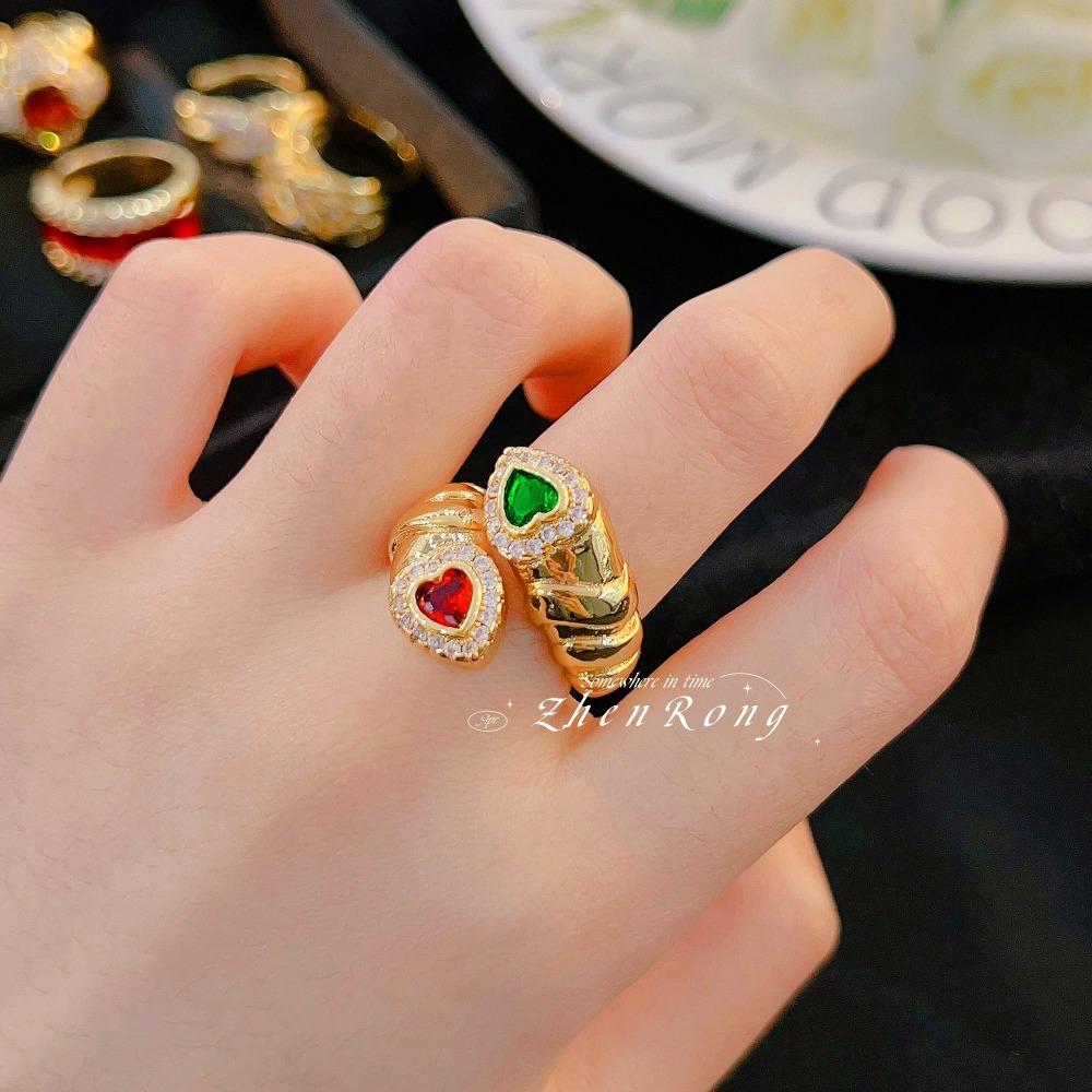 Vintage Open Ring French Retro Gold Plated Micro Pave Full Diamond Antique Jewelry Colorful Gemstone Ring