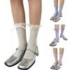 Student Elegant Hollowed Out Lace Ruffle Frilly Socks Women Japanese Style Middle Tube Calf Socks with Ribbon Bowknot