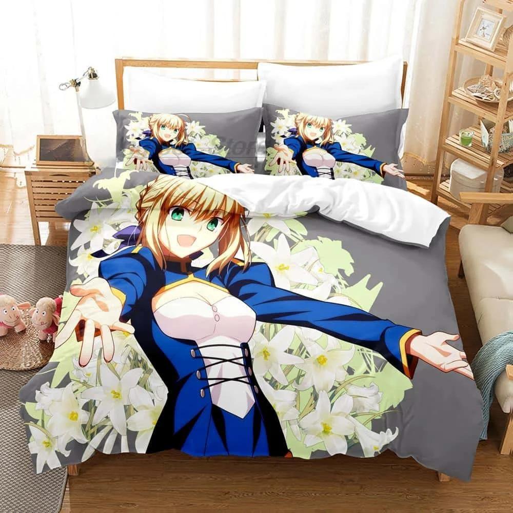 3D-печатный комплект постельного белья с изображением аниме FateStay Night Saber, односпальная кровать, двуспальная кровать размера Queen, двуспальная кровать, комплект постельного белья для взрослых и детей, комплект пододеяльников